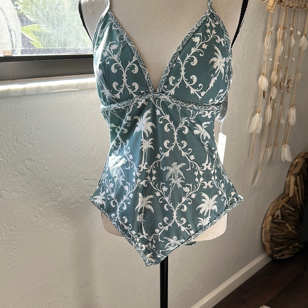 Teal and White Patterned Swimsuit Top